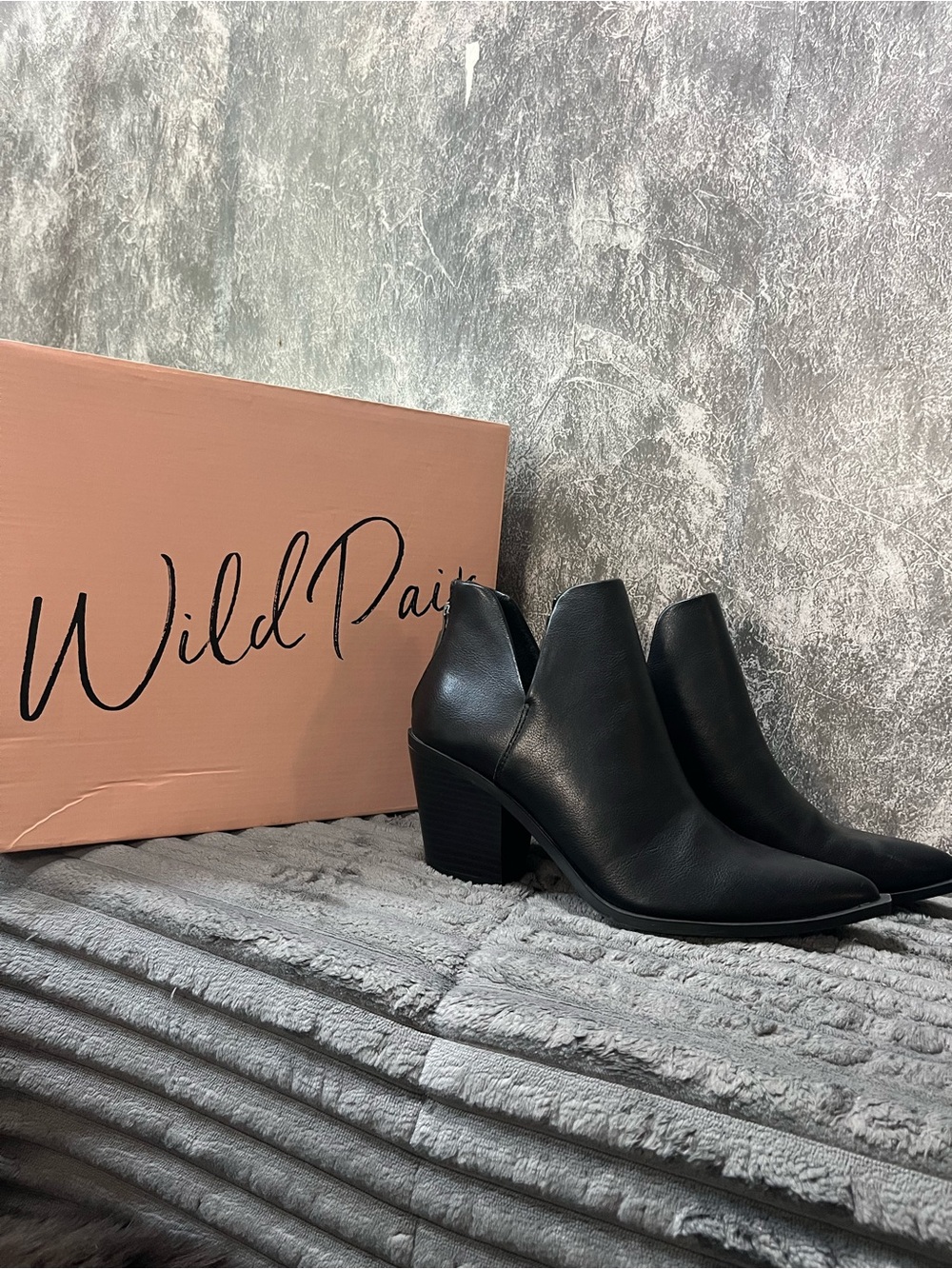 Wild Pair Black Pointed Ankle Booties with Stacked Heel